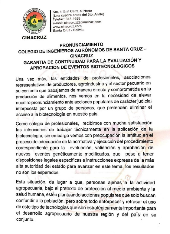 Pronunciamiento CINACRUZ 